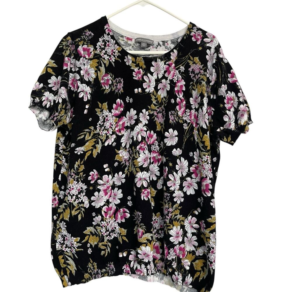 Jessica London Womens Floral Sweater Plus Size 22/24 Black Short‎ Sleeve Cotton